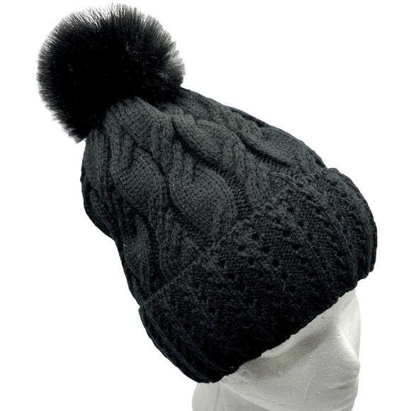 BLACK Cable Knit Beanie with Faux Fur Pom pom - Picture 3 of 7
